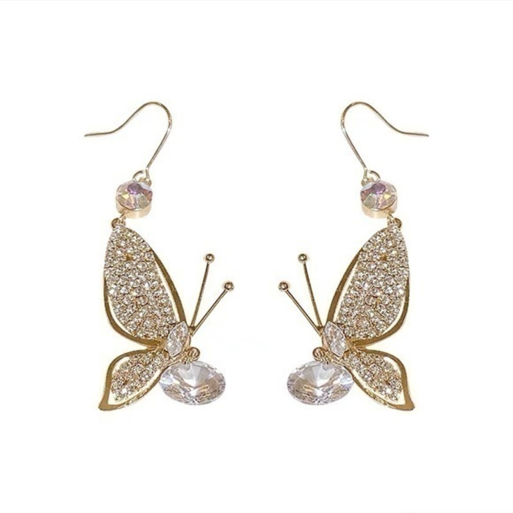 18K GP Rhinestone Dangle Butterfly Earrings